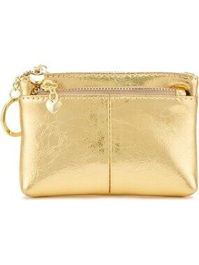 Genuine Leather Mini Coin Purse with Key Ring, Triple Zipper Card Holder Wallet